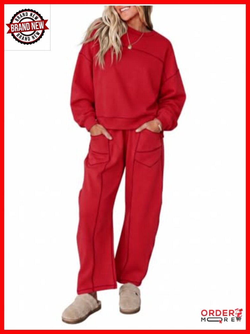 Two Piece Lounge Set Long Sleeve Crewneck Top & Wide Leg Pants Drawstring Waist